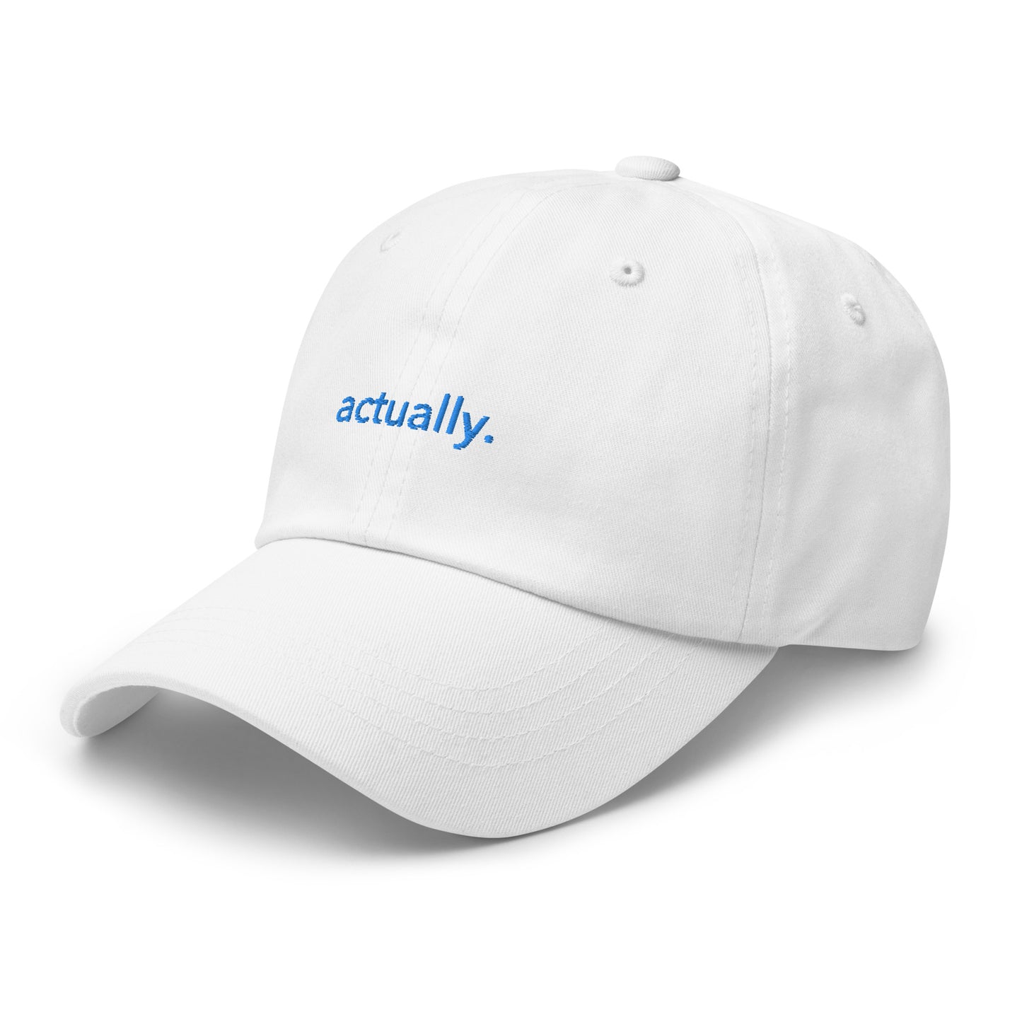 “actually.” Embroidered hat