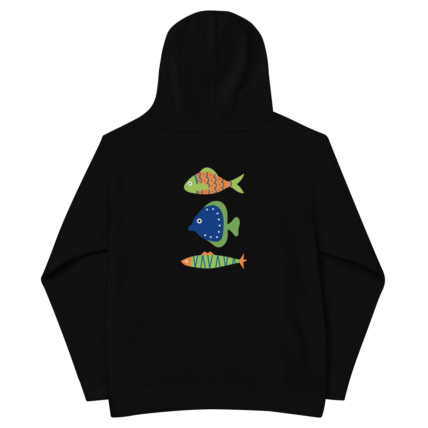 “go fish.” (BlueEmbroidered front) & Three Fish (printed back) Kids fleece hoodie