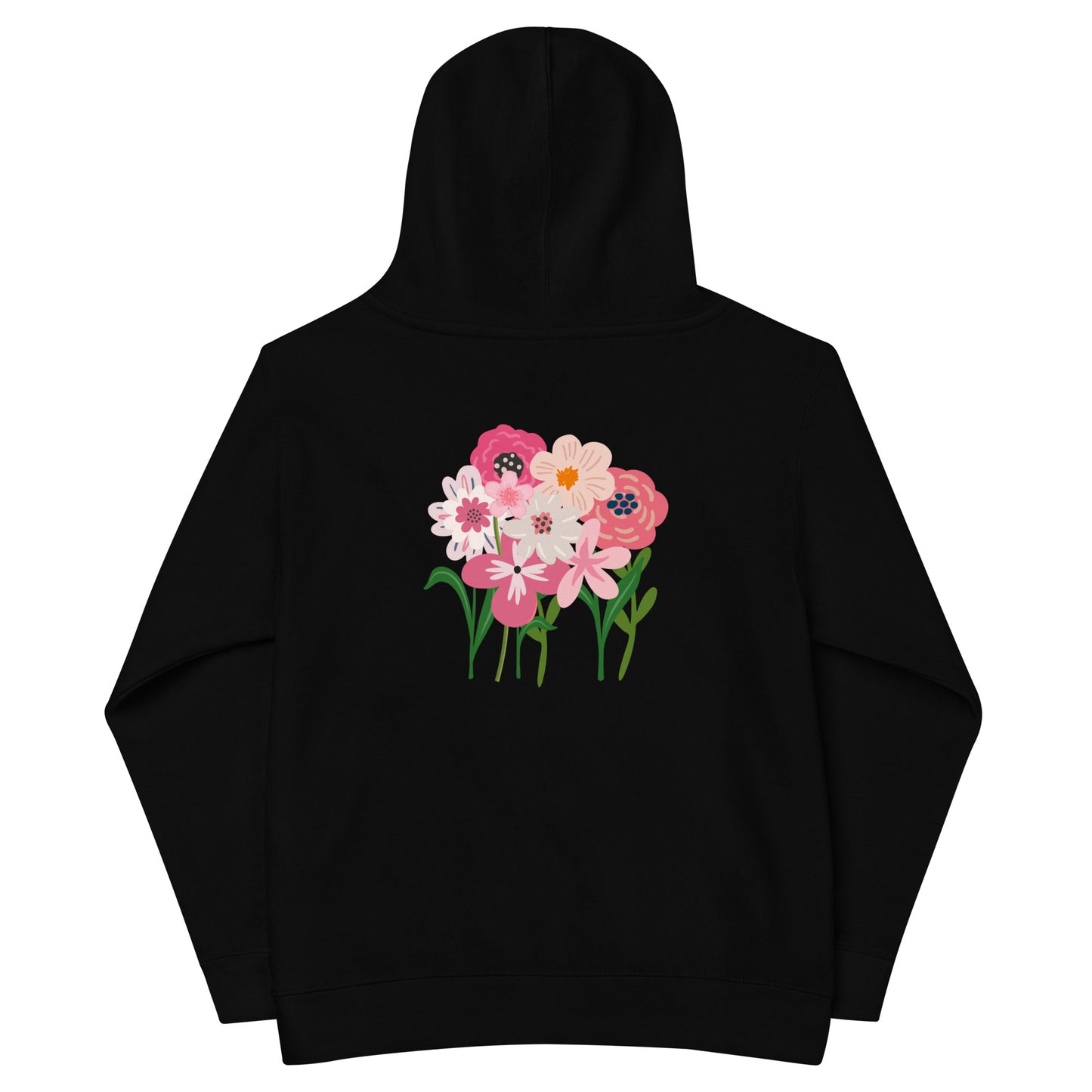 “bloom where you are planted.” Embroidered (front) & Pink flowers Printed (back) Kids fleece hoodie