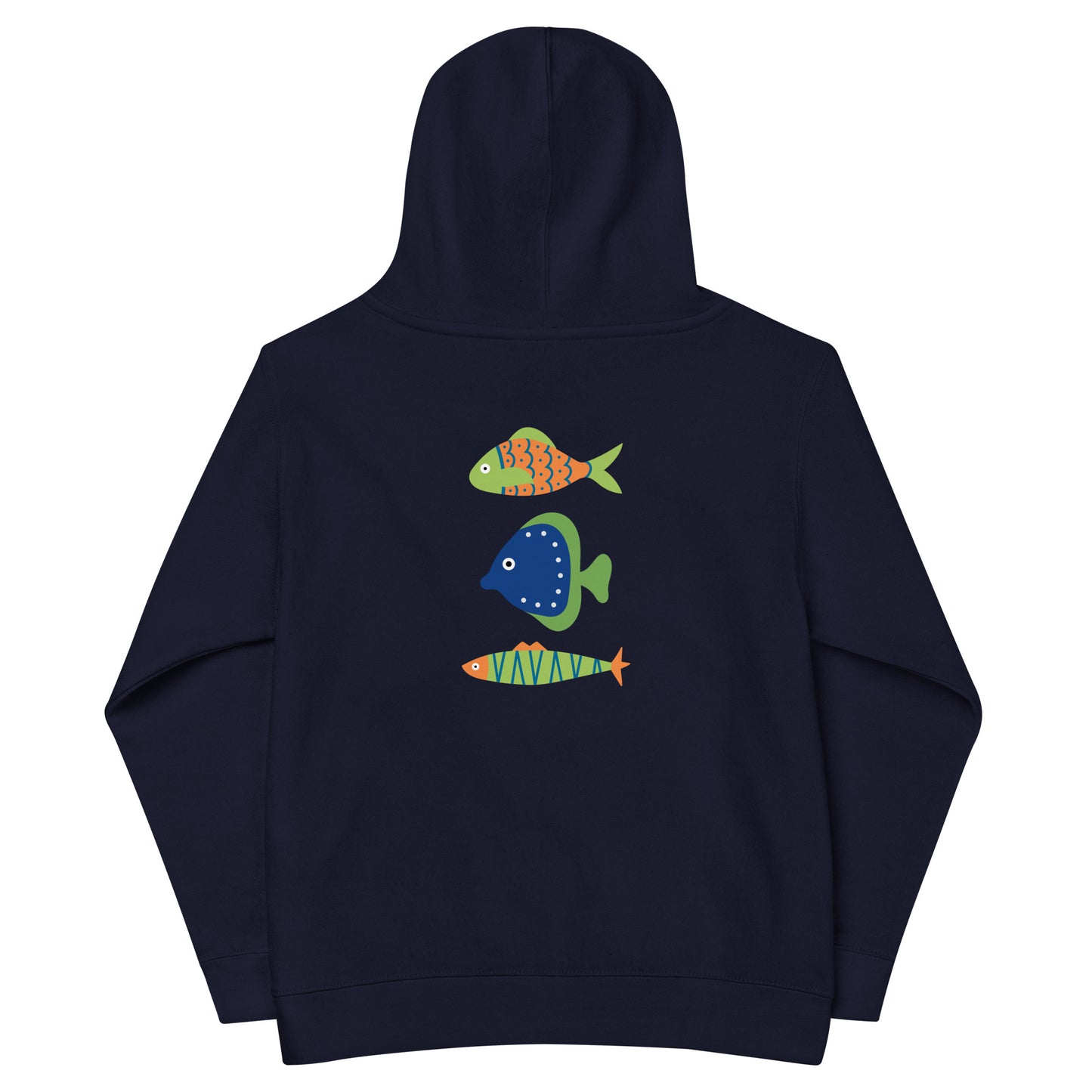 “go fish.” (BlueEmbroidered front) & Three Fish (printed back) Kids fleece hoodie