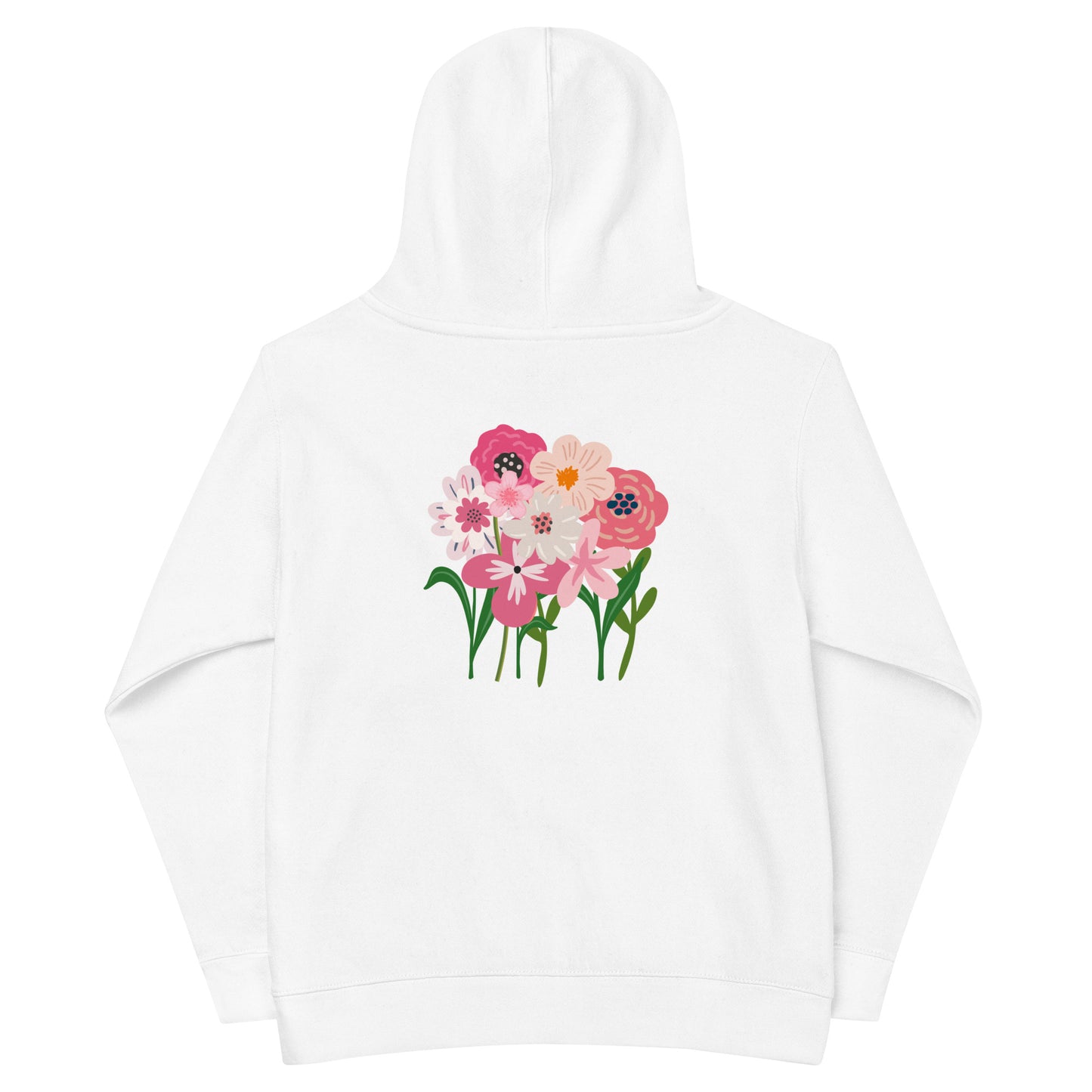 “bloom where you are planted.” Embroidered (front) & Pink flowers Printed (back) Kids fleece hoodie