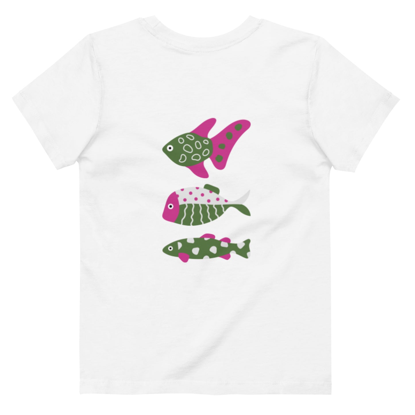 “go fish.” (Embroidered front) & 3 Fish (Printed back) PINK & GREEN Organic cotton kids t-shirt