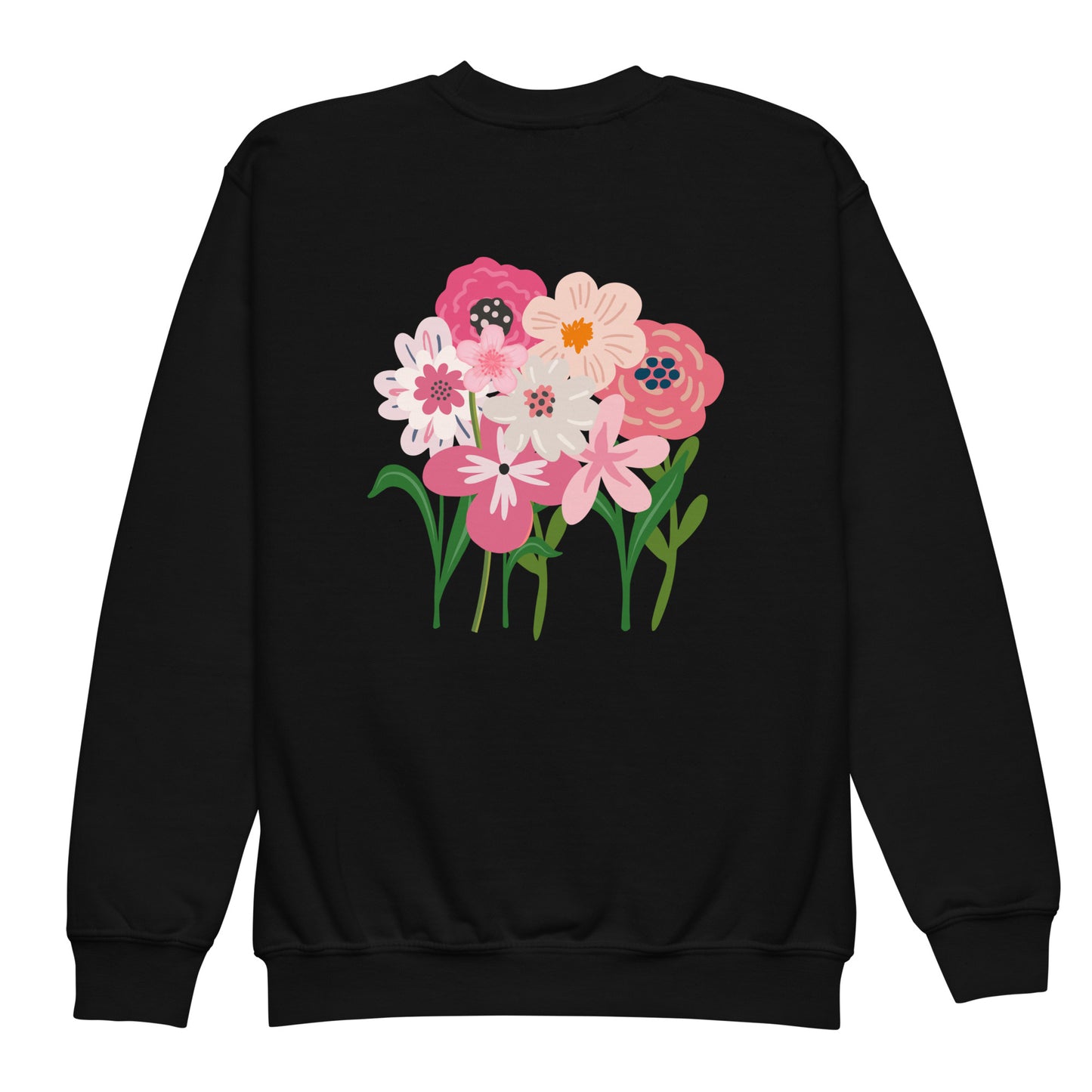 “bloom where you are planted.” (Embroidered front) & Pink flowers (printed back) Youth crewneck sweatshirt