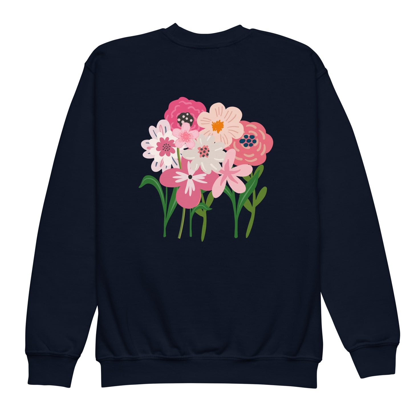 “bloom where you are planted.” (Embroidered front) & Pink flowers (printed back) Youth crewneck sweatshirt