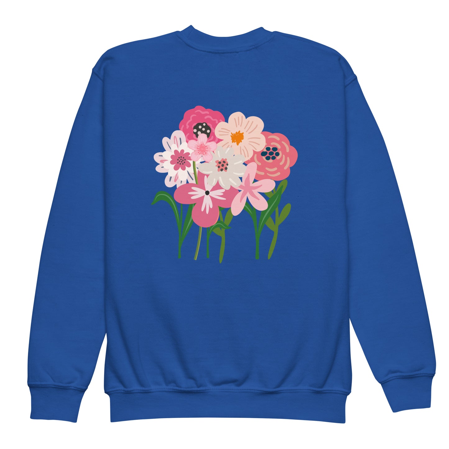“bloom where you are planted.” (Embroidered front) & Pink flowers (printed back) Youth crewneck sweatshirt