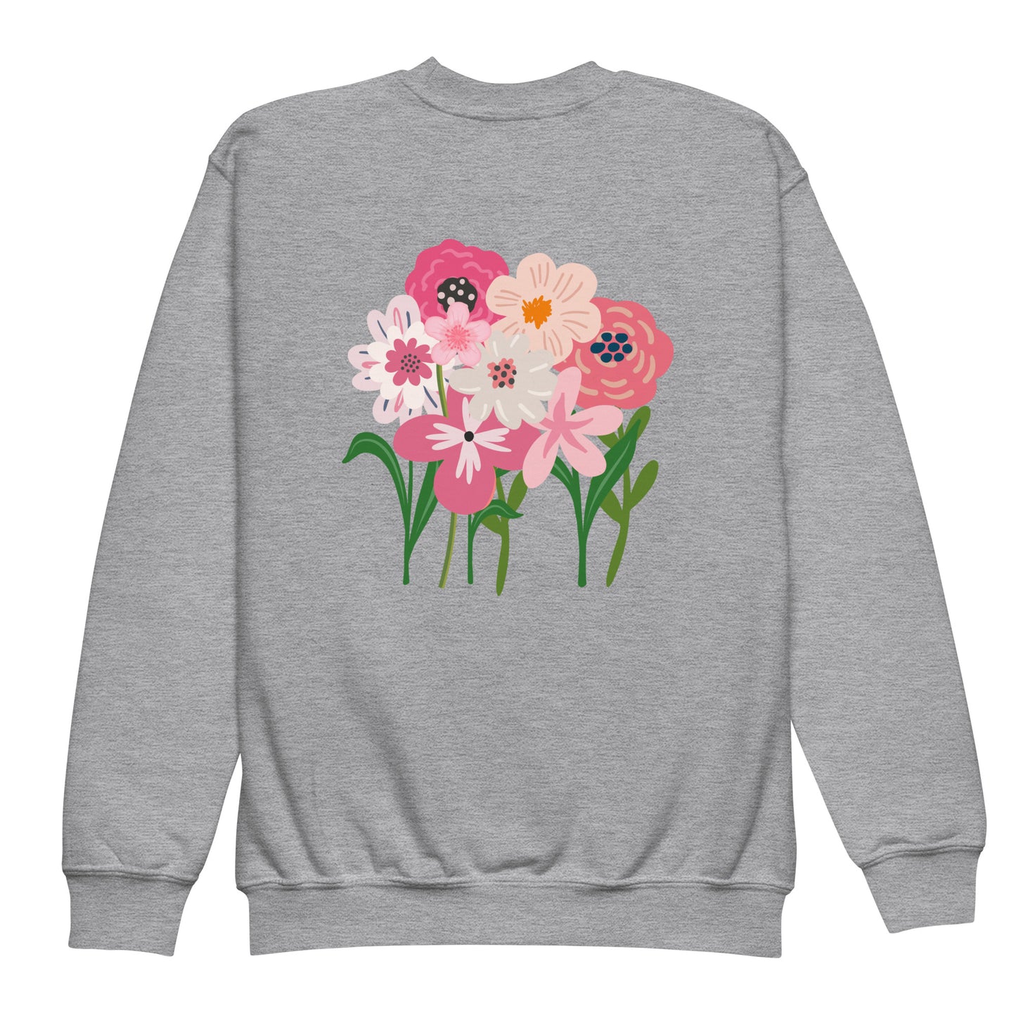 “bloom where you are planted.” (Embroidered front) & Pink flowers (printed back) Youth crewneck sweatshirt