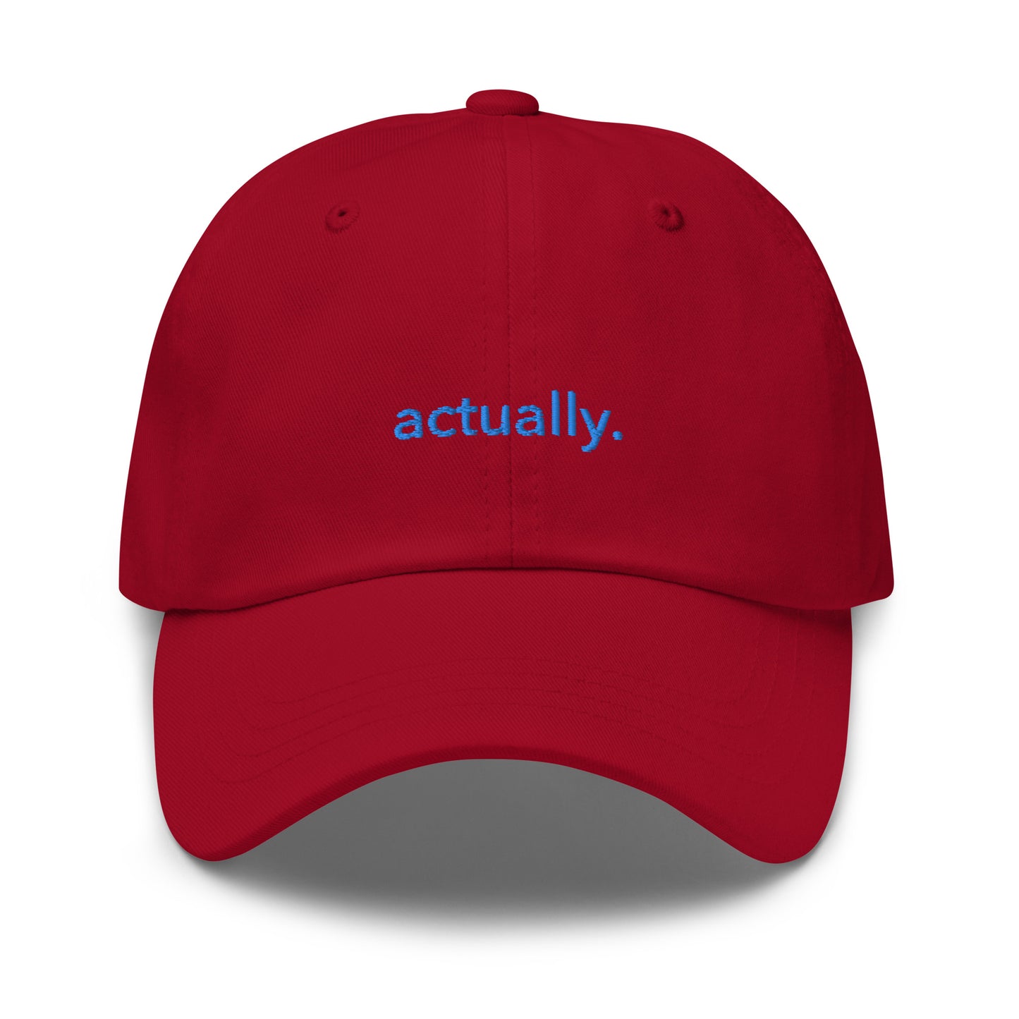 “actually.” Embroidered hat