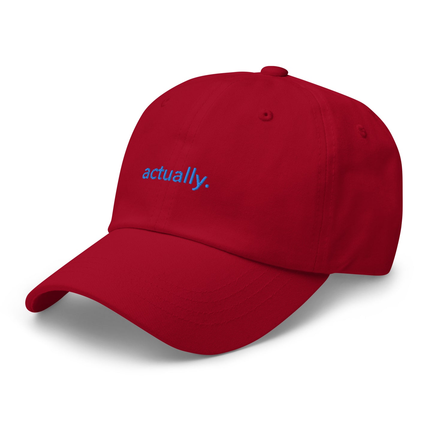 “actually.” Embroidered hat