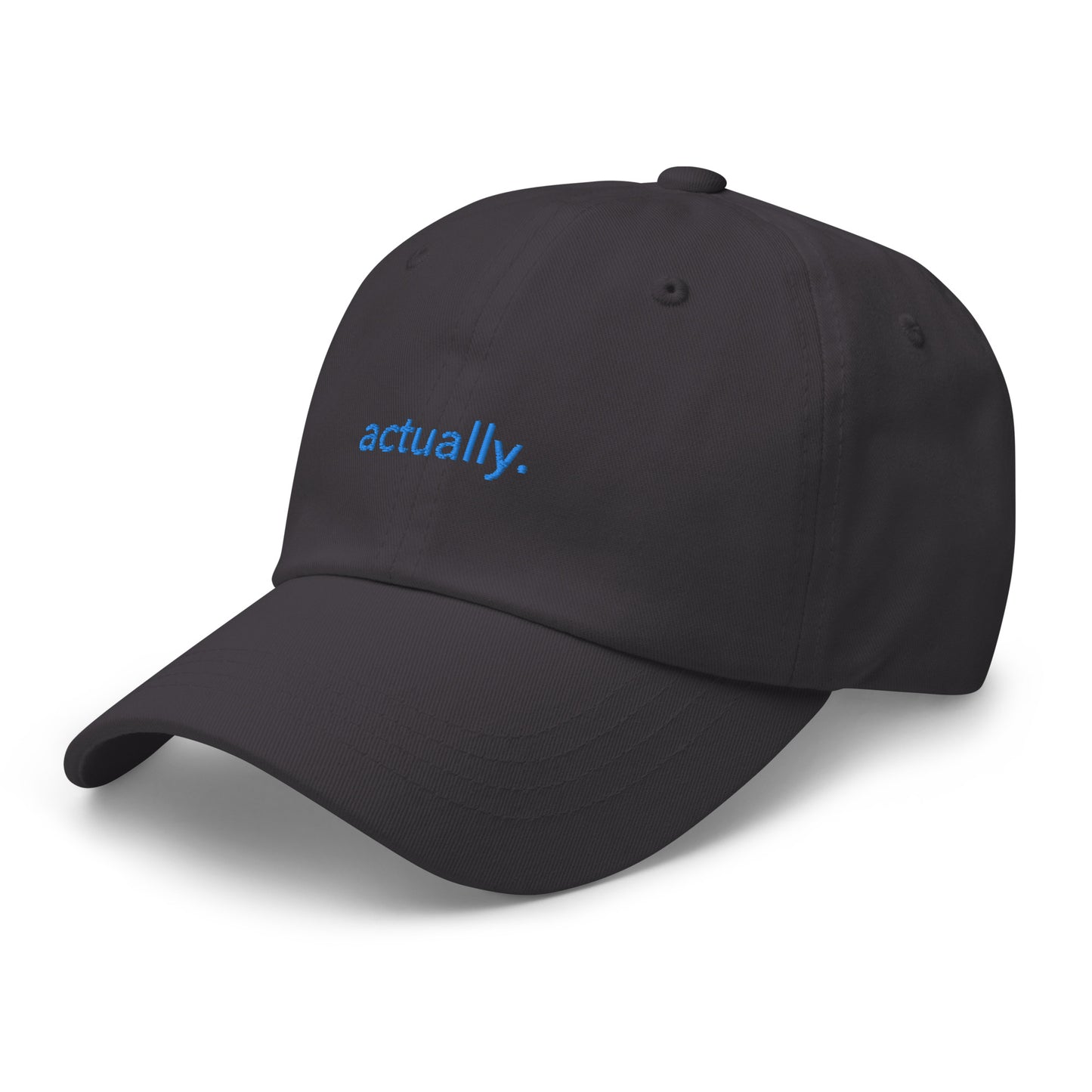 “actually.” Embroidered hat