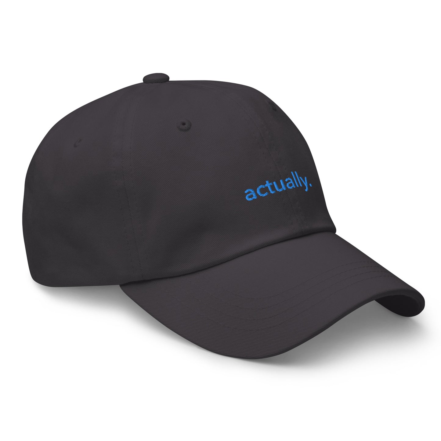 “actually.” Embroidered hat