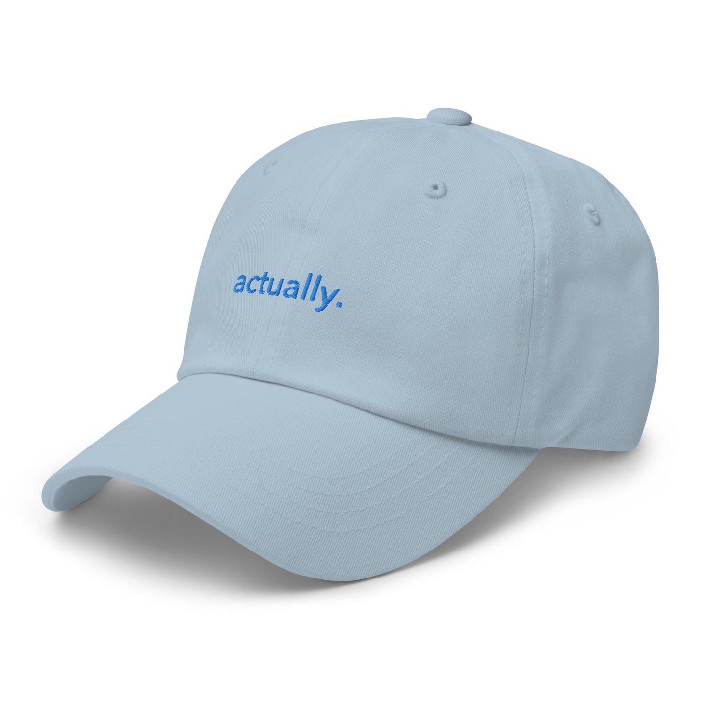 “actually.” Embroidered hat