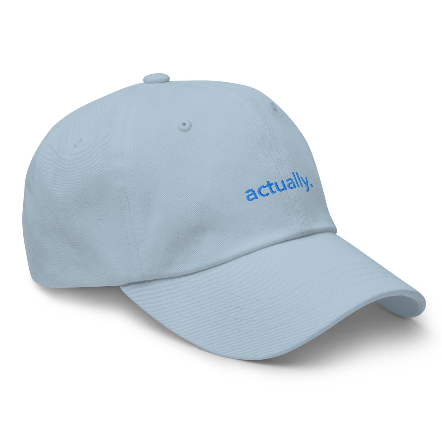 “actually.” Embroidered hat