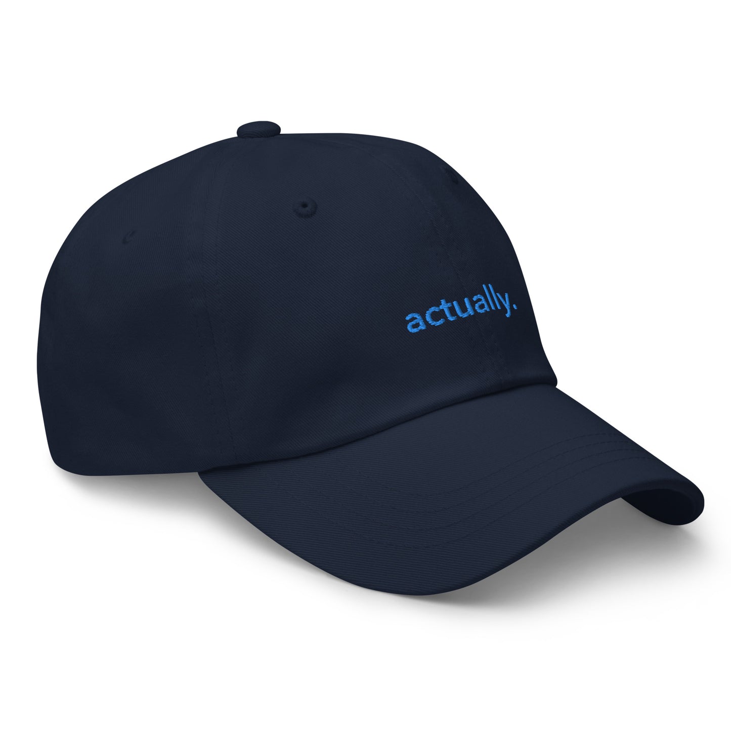 “actually.” Embroidered hat