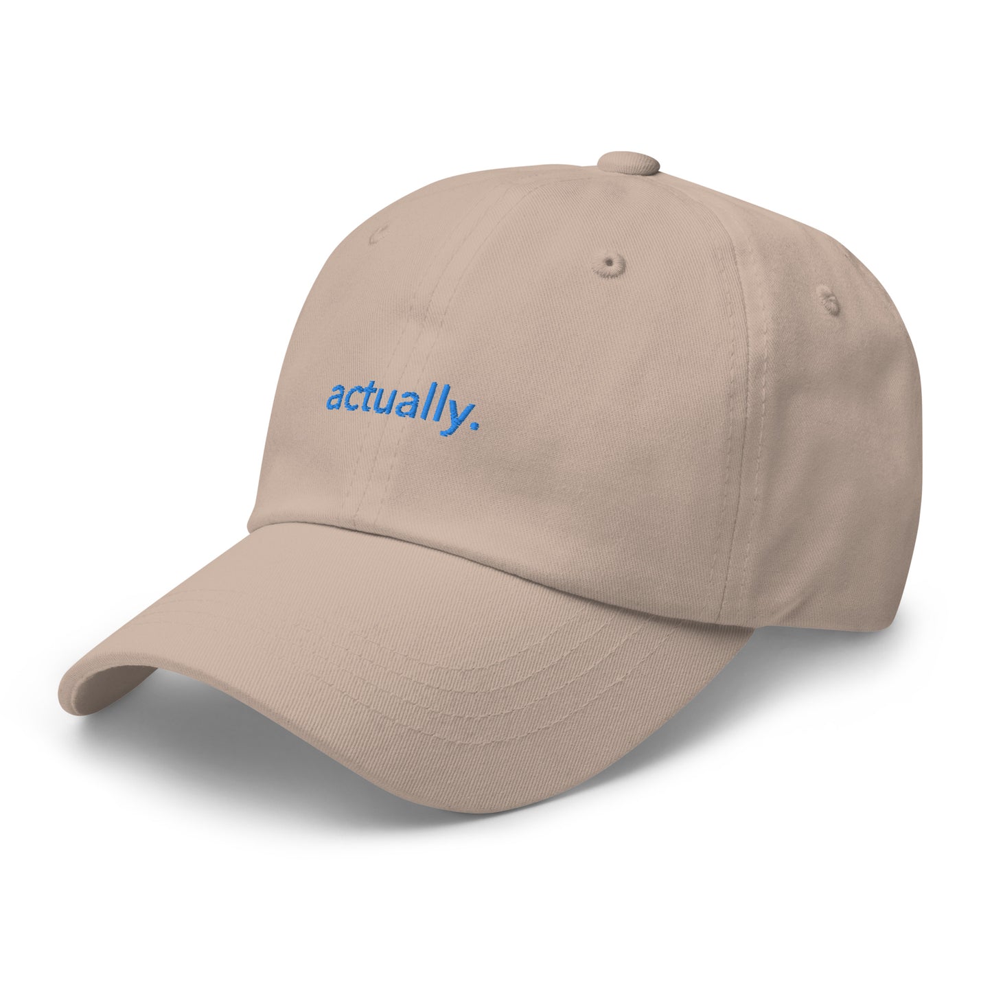 “actually.” Embroidered hat