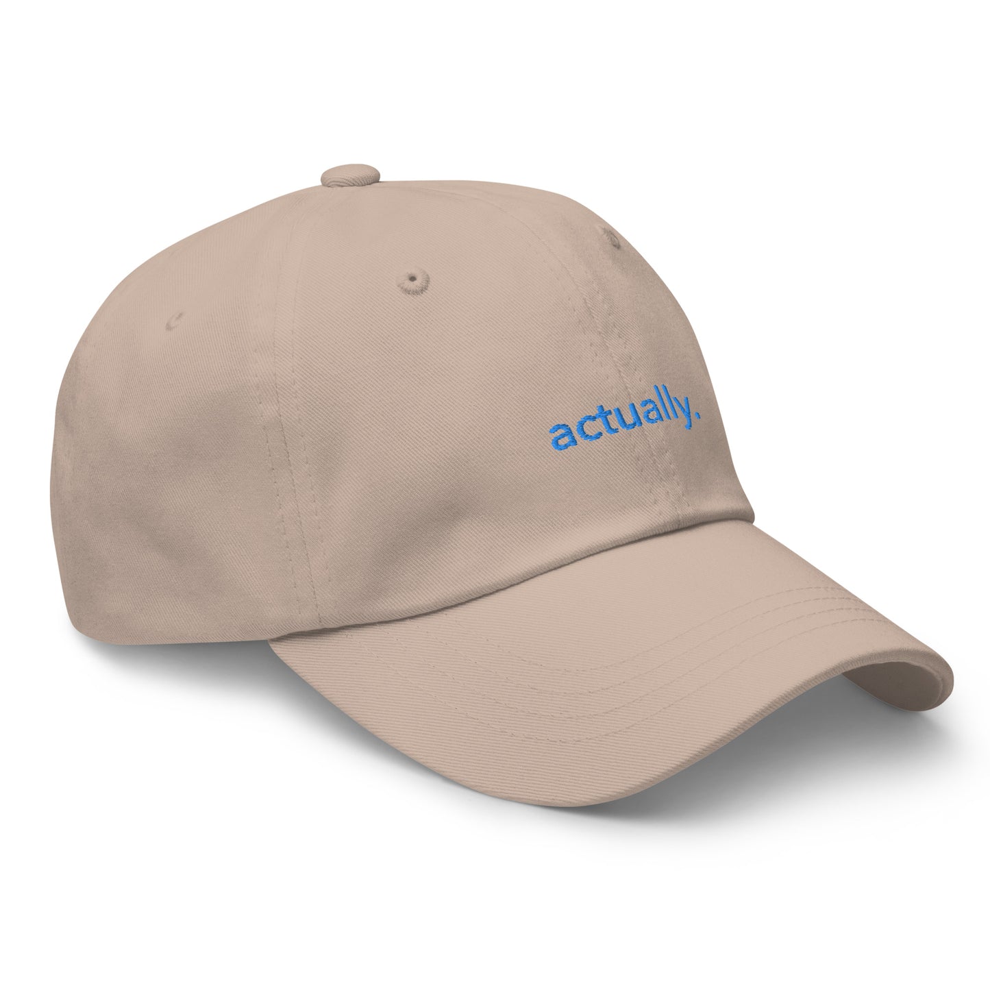 “actually.” Embroidered hat