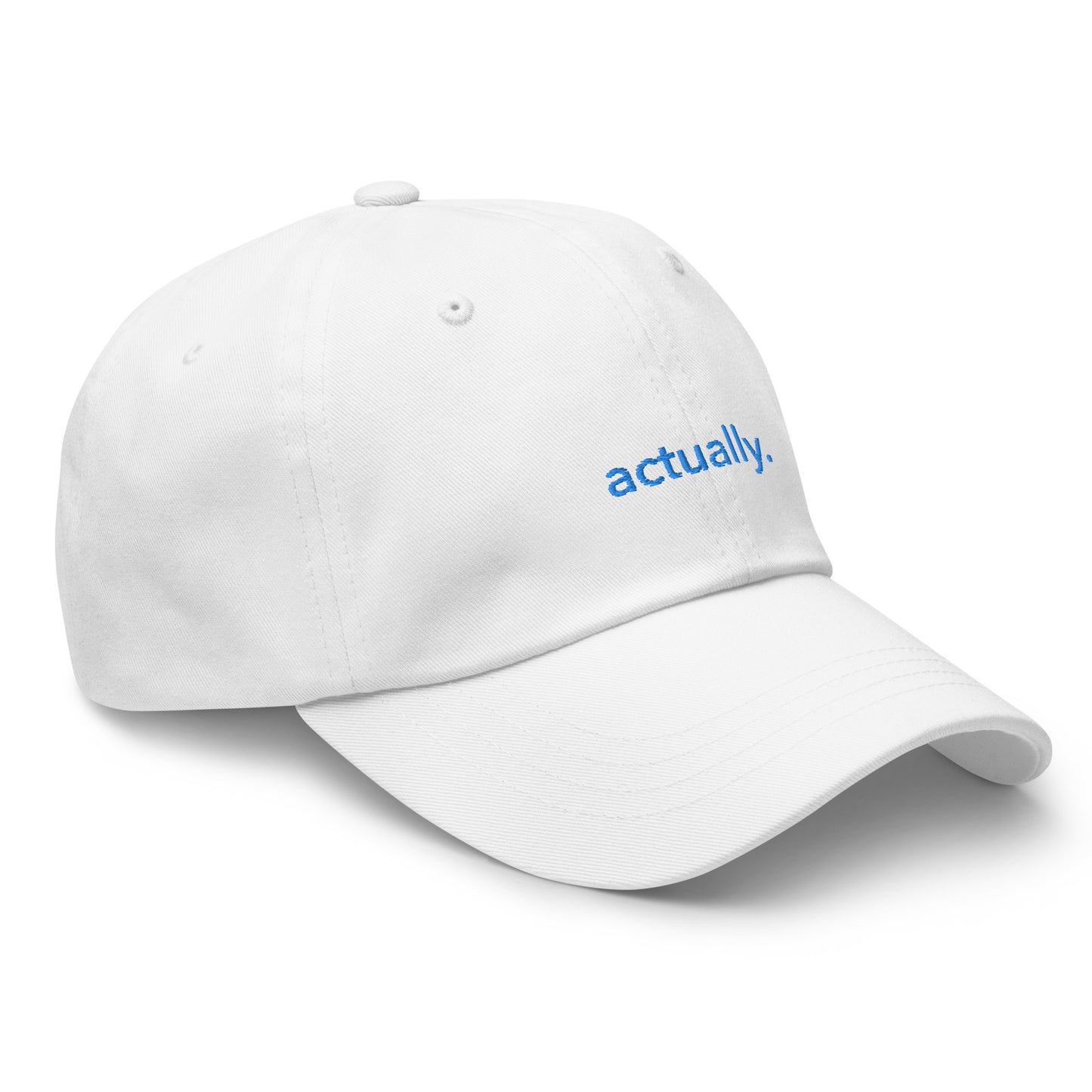 “actually.” Embroidered hat