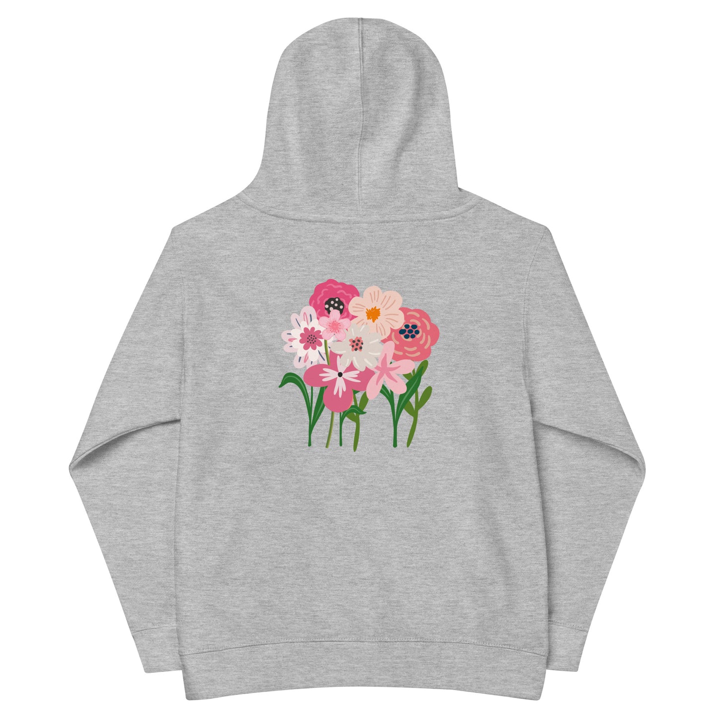 “bloom where you are planted.” Embroidered (front) & Pink flowers Printed (back)  Kids fleece hoodie