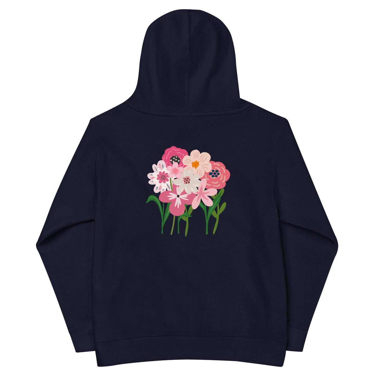 “bloom where you are planted.” Embroidered (front) & Pink flowers Printed (back)  Kids fleece hoodie