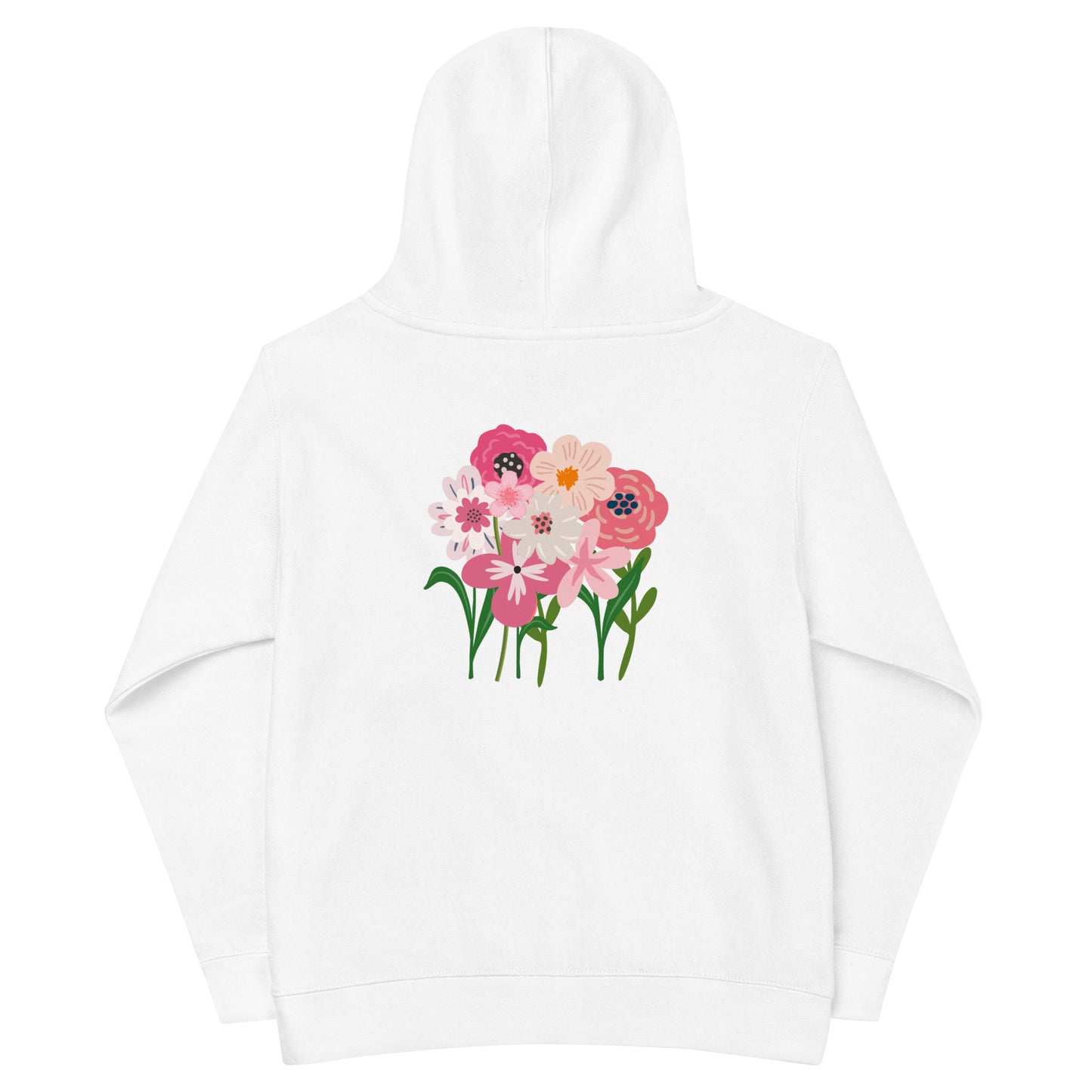 “bloom where you are planted.” Embroidered (front) & Pink flowers Printed (back)  Kids fleece hoodie