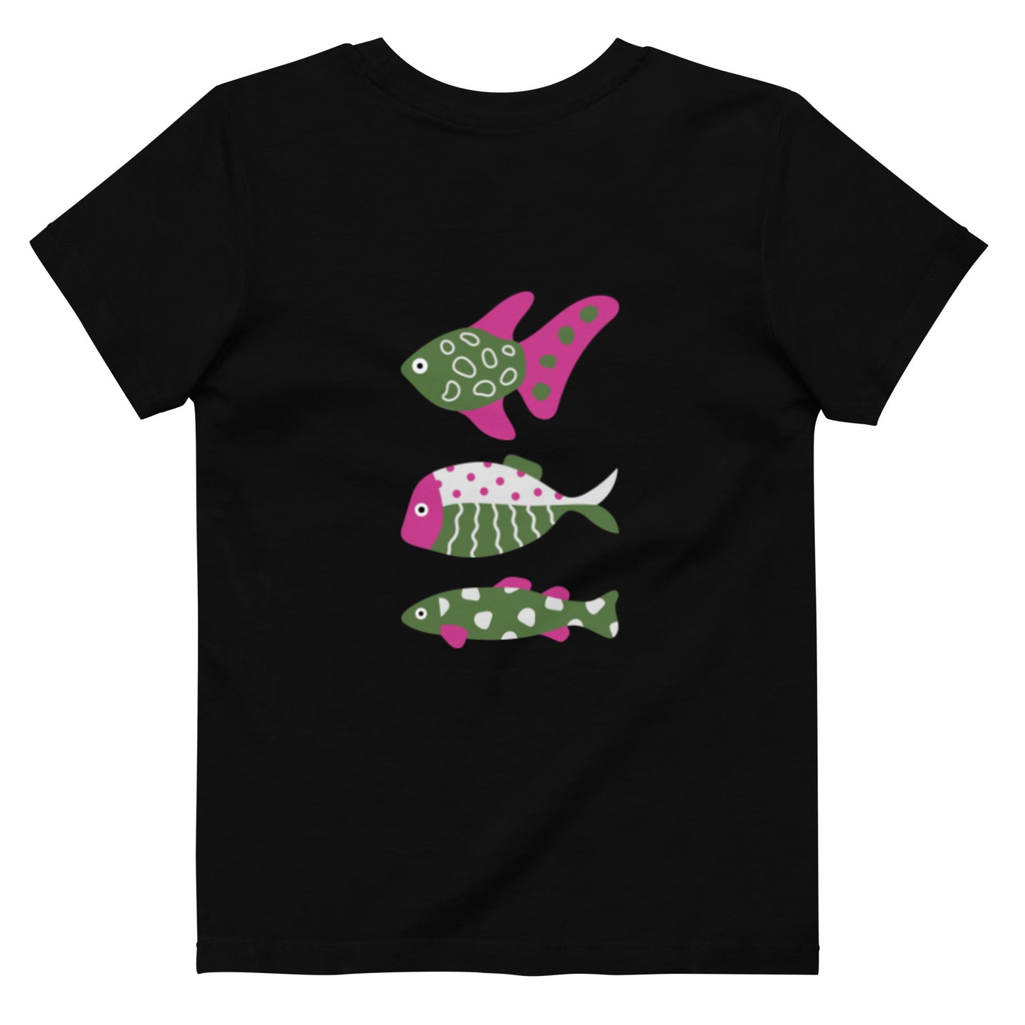 “go fish.” (Embroidered front) & 3 Fish (Printed back) PINK & GREEN Organic cotton kids t-shirt