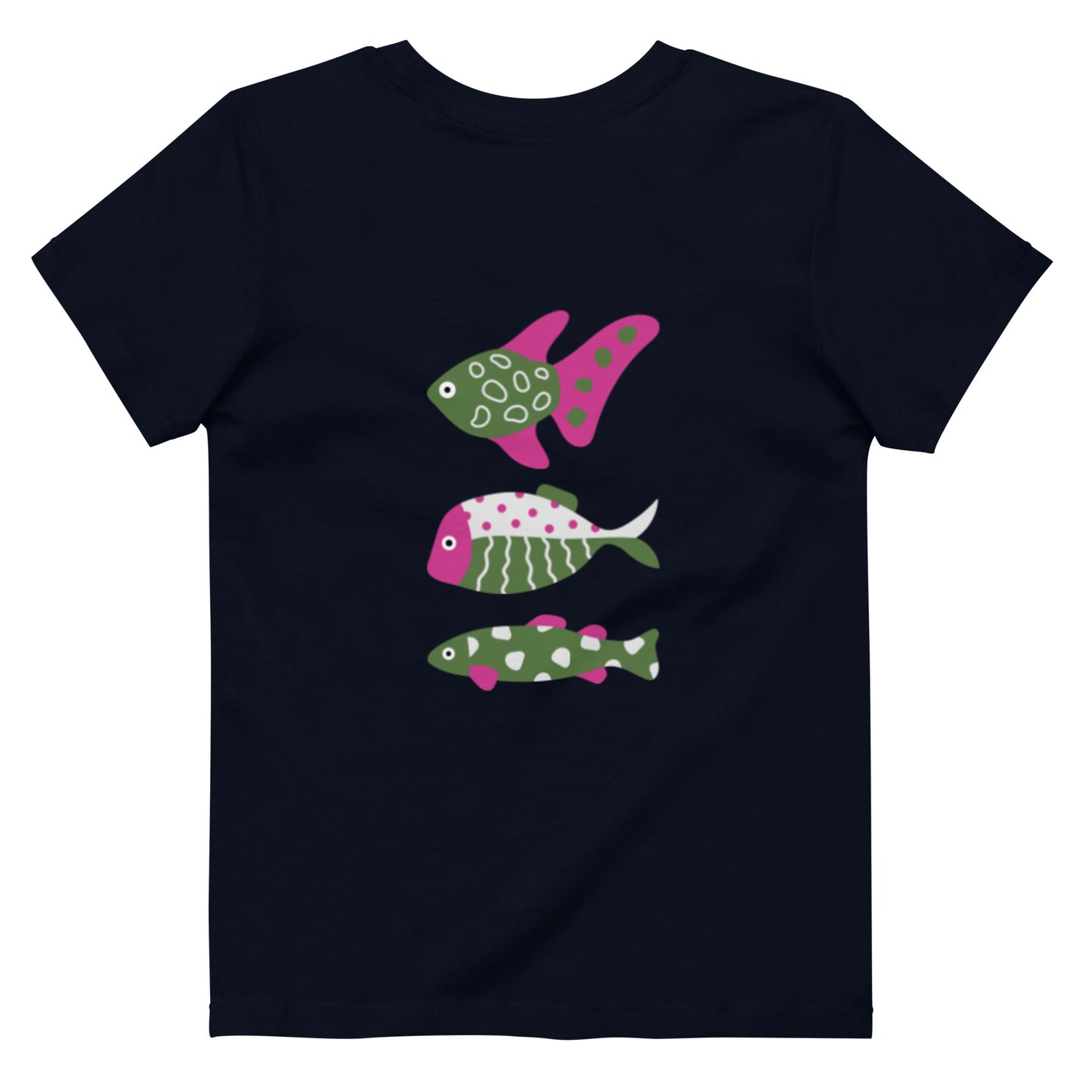 “go fish.” (Embroidered front) & 3 Fish (Printed back) PINK & GREEN Organic cotton kids t-shirt