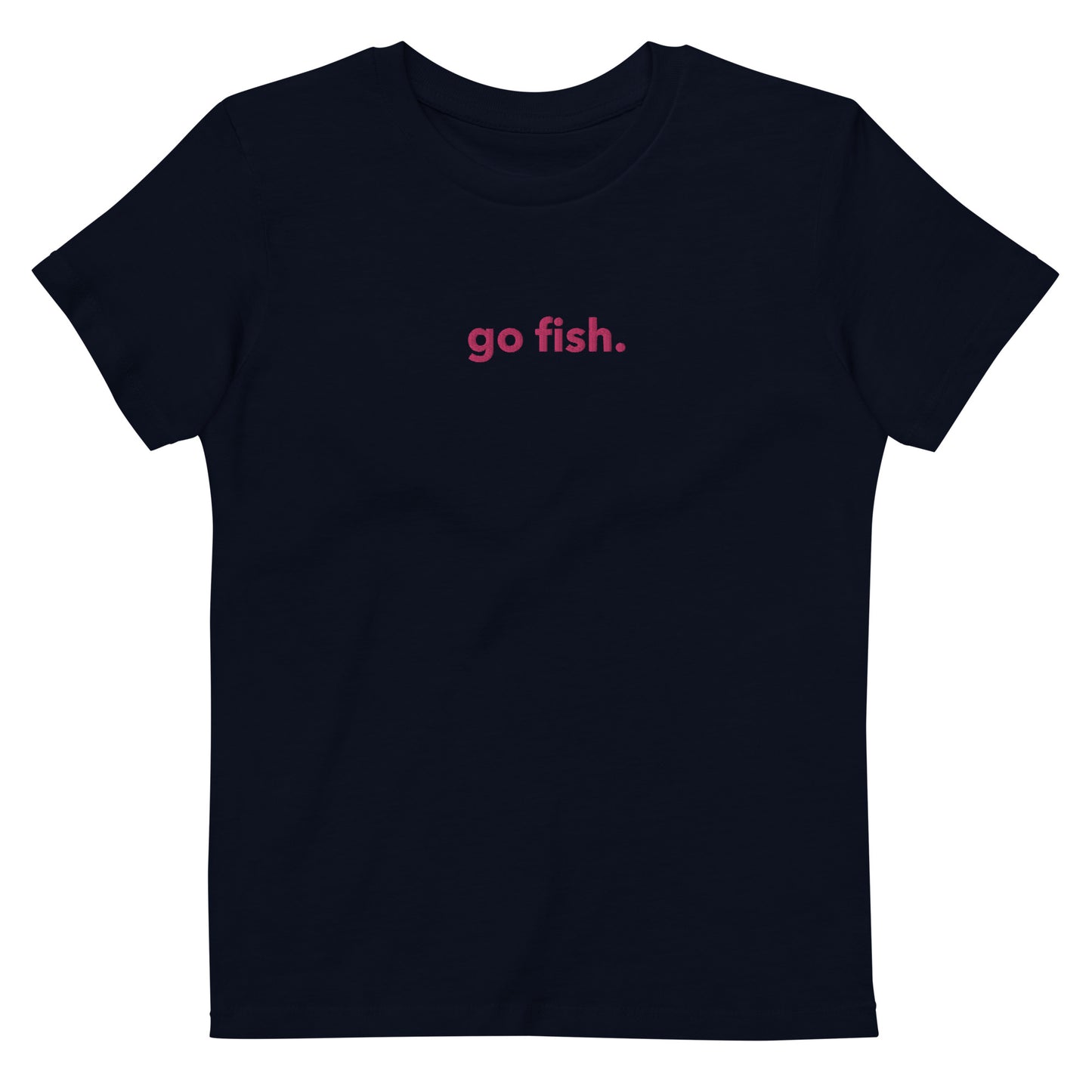 “go fish.” (Embroidered front) & 3 Fish (Printed back) PINK & GREEN Organic cotton kids t-shirt