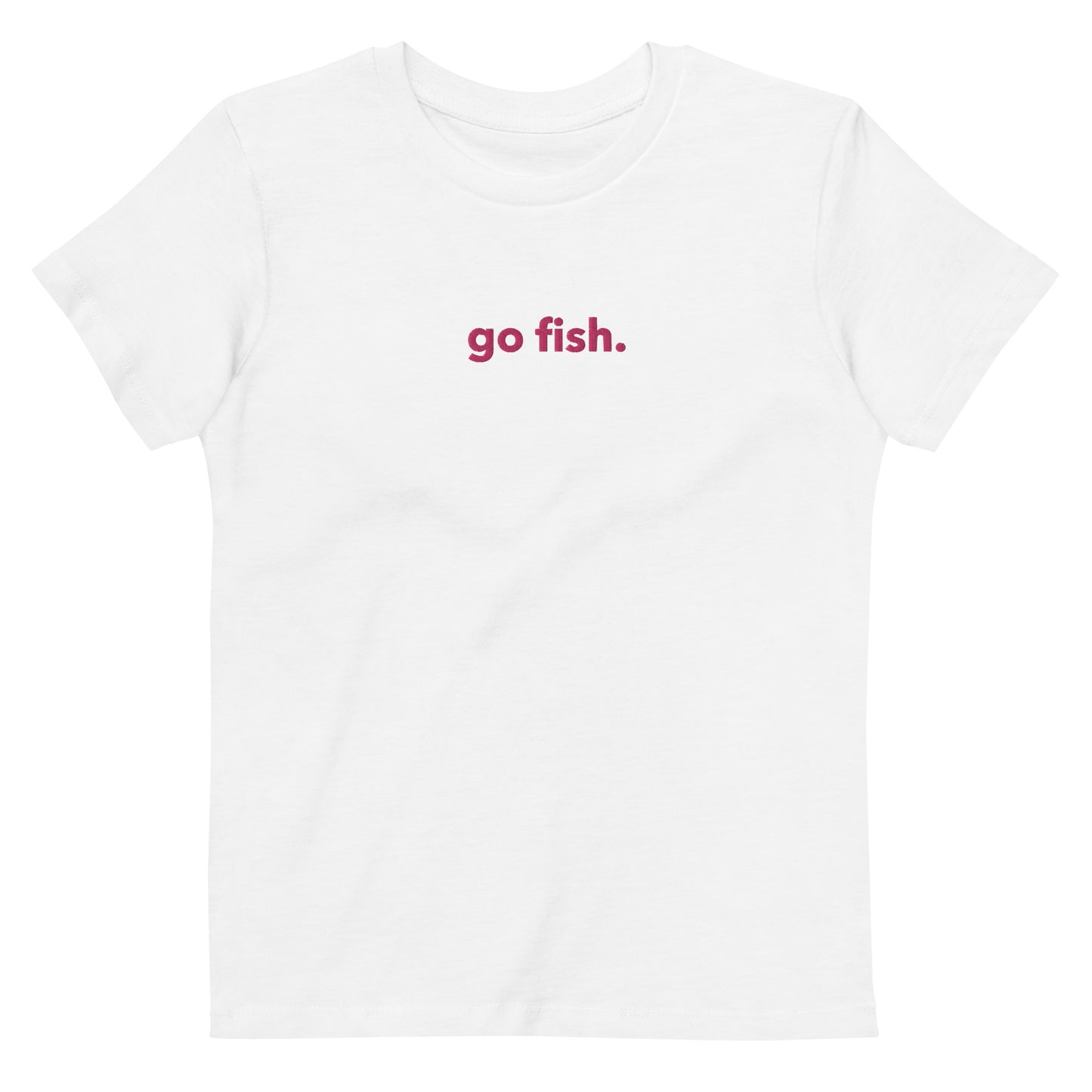 “go fish.” (Embroidered front) & 3 Fish (Printed back) PINK & GREEN Organic cotton kids t-shirt