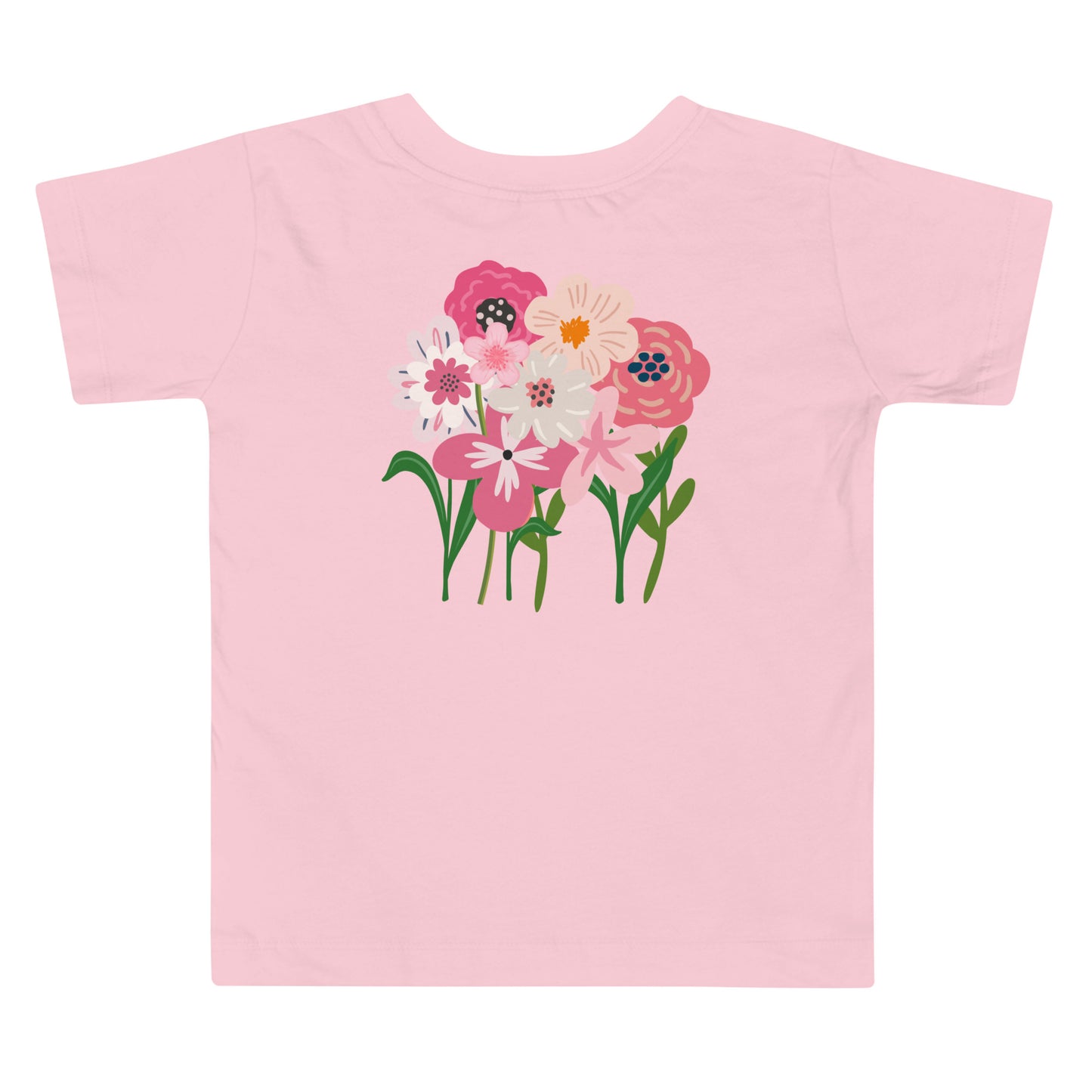 “bloom where you are planted.” Embroidered front + Flowers Printed back Toddler Short Sleeve Tee