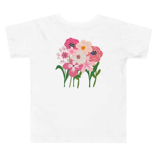 “bloom where you are planted.” Embroidered front + Flowers Printed back Toddler Short Sleeve Tee