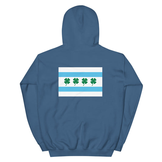 Chi-rish flag (Printed back) and Shamrock (Embroidered sleeve) Unisex Hoodie with white stripe