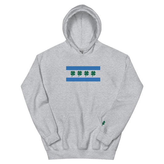 Chi-Irish flag (front) & Shamrock (sleeve) Embroidered Unisex Hoodie (no white stripe)