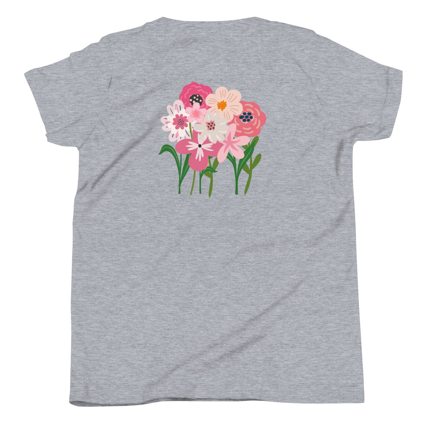 “bloom where you are planted.” Embroidered (front) & Pink flowers Printed (back) Youth Short Sleeve T-Shirt