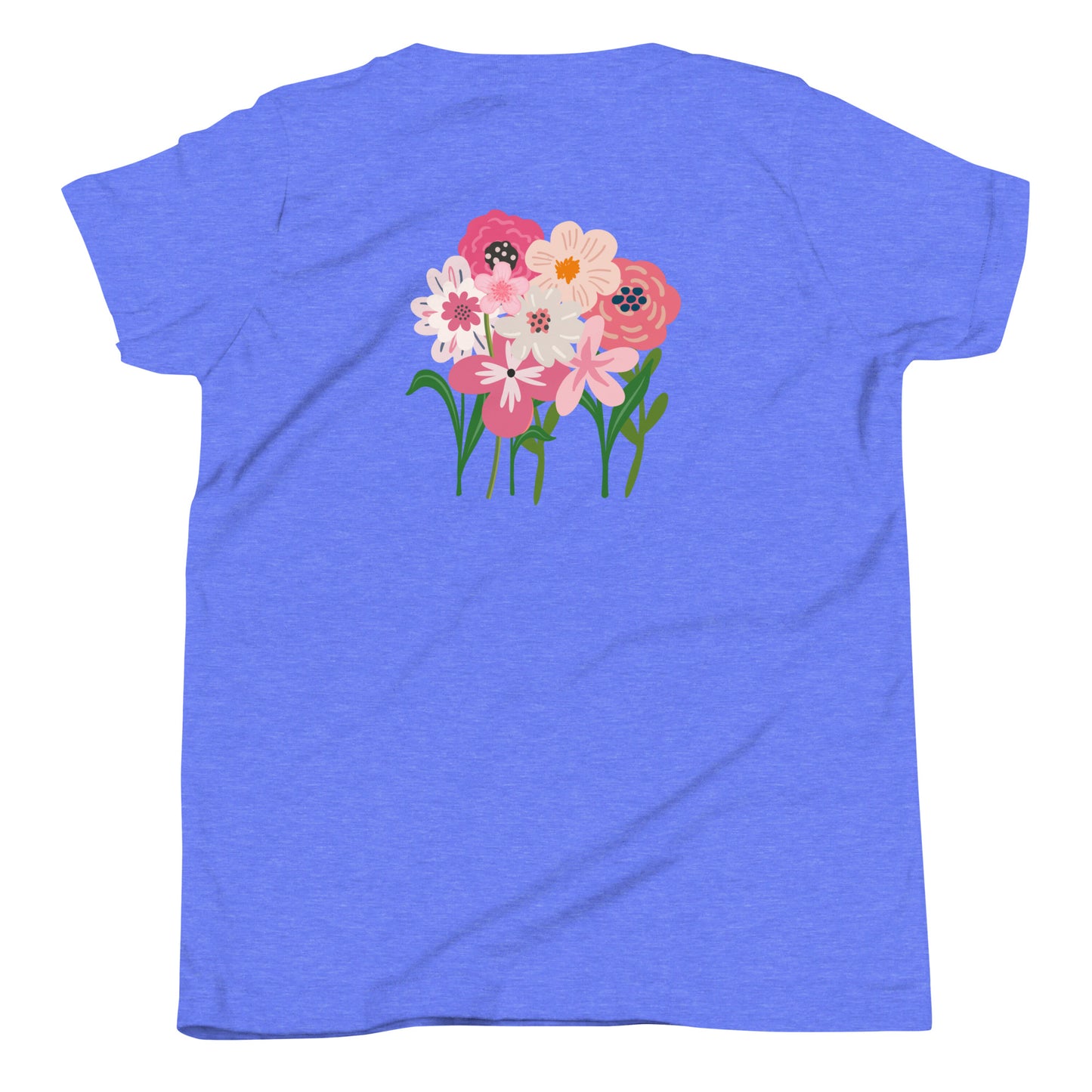 “bloom where you are planted.” Embroidered (front) & Pink flowers Printed (back) Youth Short Sleeve T-Shirt