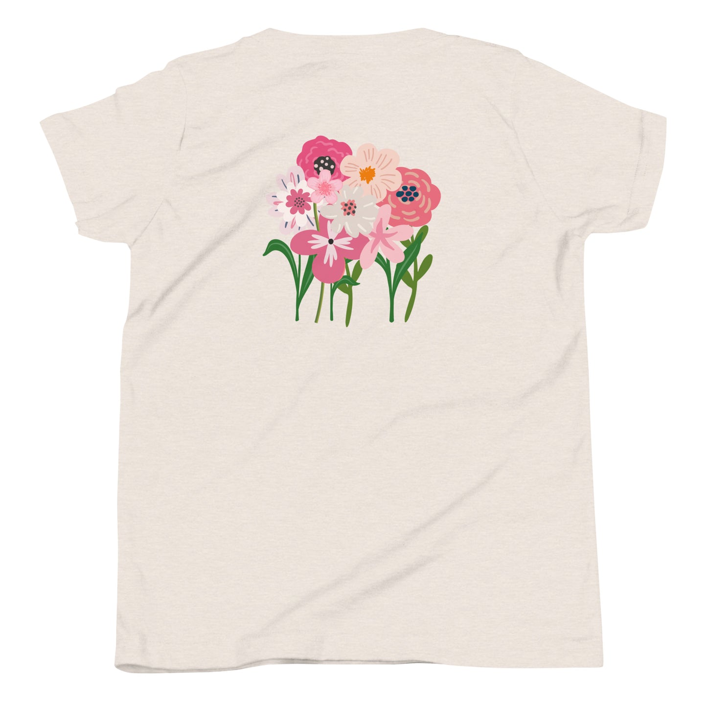 “bloom where you are planted.” Embroidered (front) & Pink flowers Printed (back) Youth Short Sleeve T-Shirt