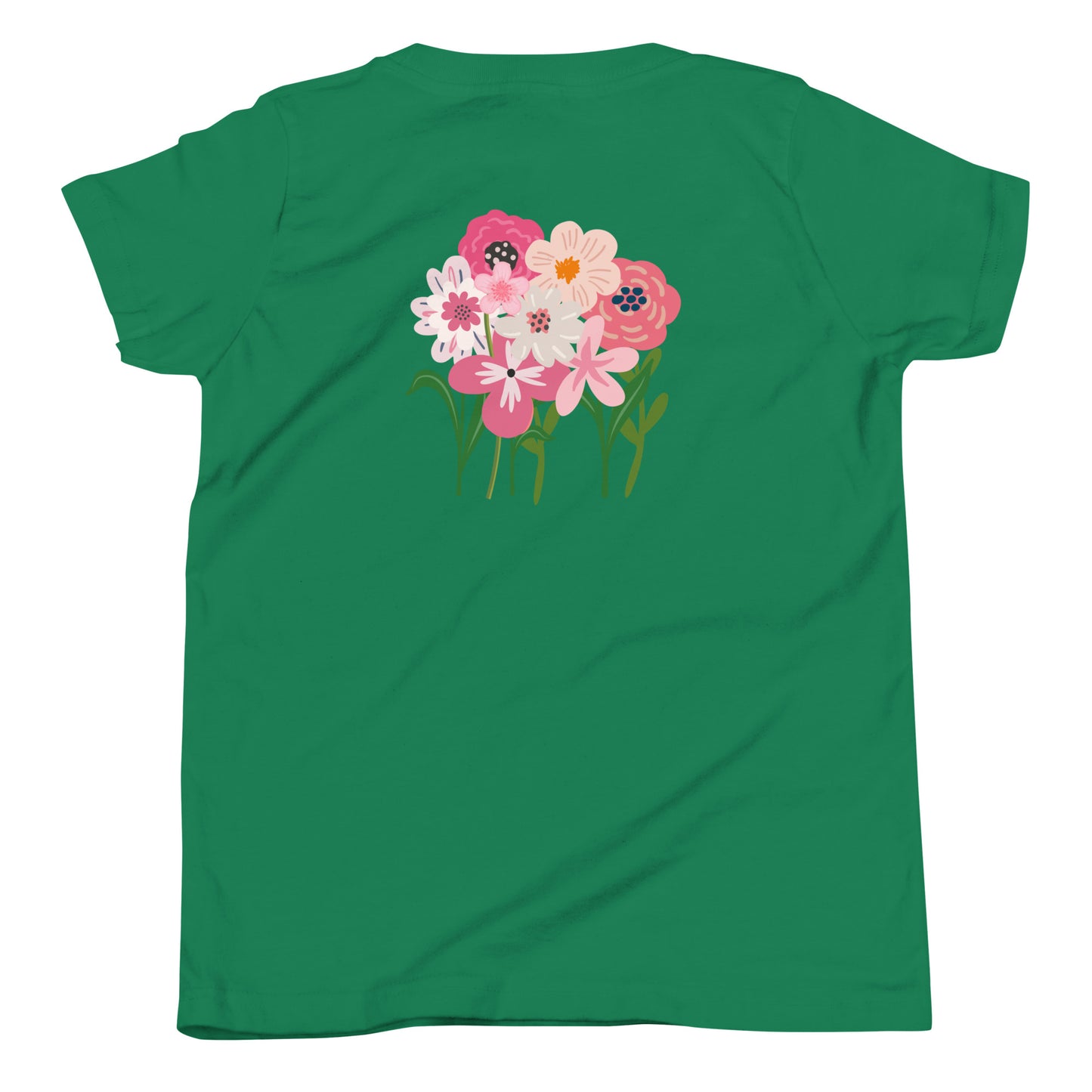 “bloom where you are planted.” Embroidered (front) & Pink flowers Printed (back) Youth Short Sleeve T-Shirt