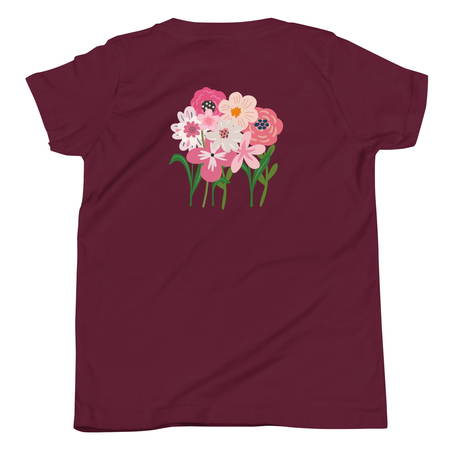 “bloom where you are planted.” Embroidered (front) & Pink flowers Printed (back) Youth Short Sleeve T-Shirt