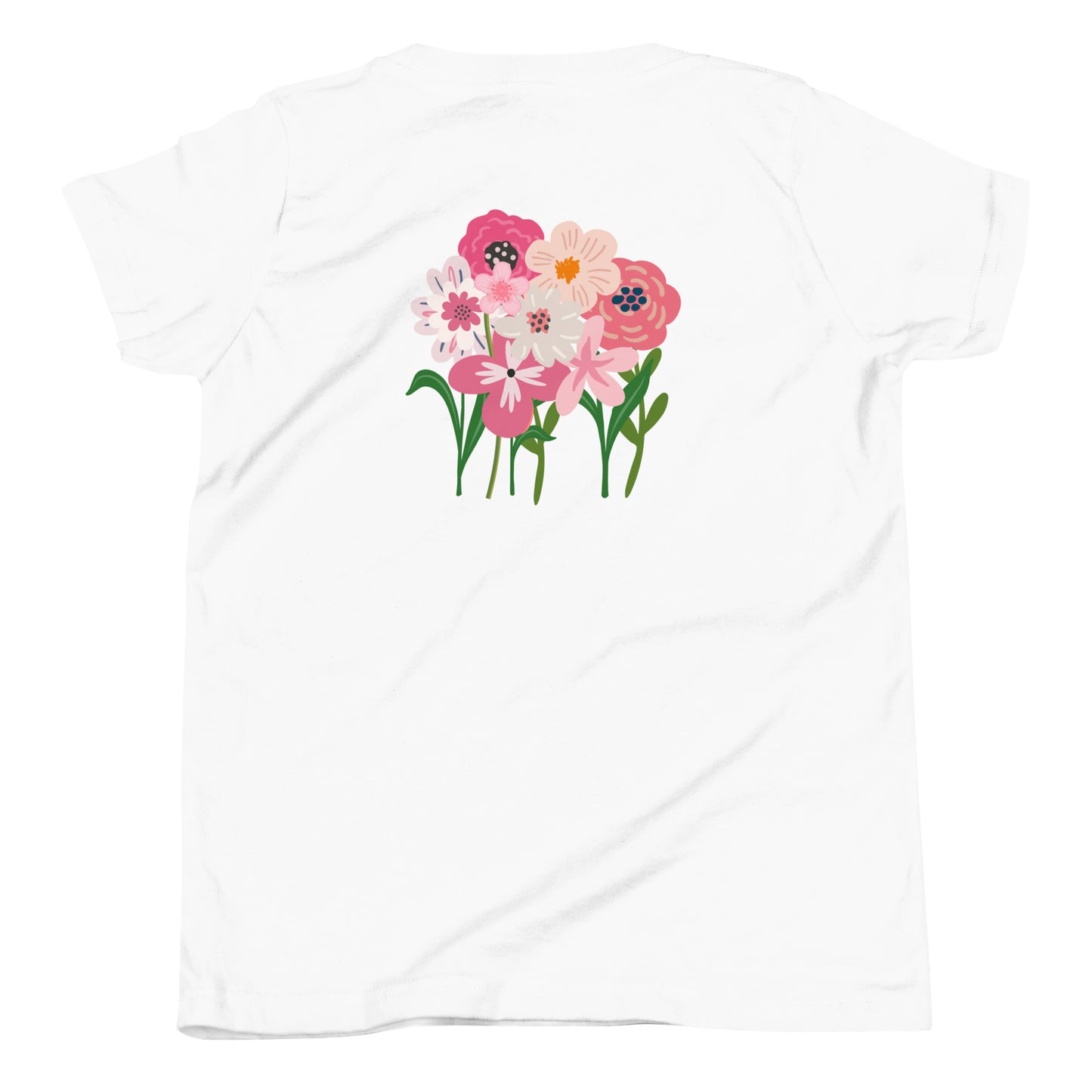 “bloom where you are planted.” Embroidered (front) & Pink flowers Printed (back) Youth Short Sleeve T-Shirt